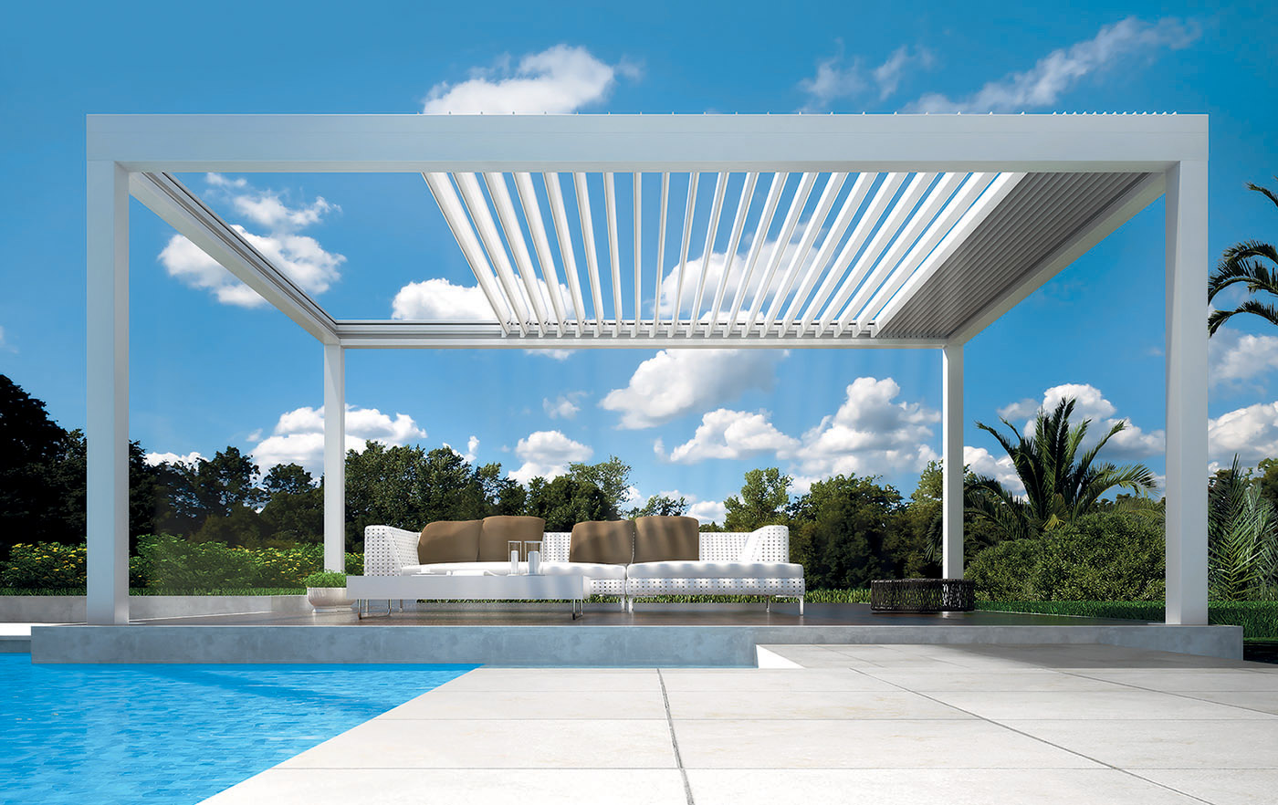 Pergola Bioclimatica a lamelle orientabili e retraibili. struttura esterna moderna progettata per ottimizzare il comfort ambientale